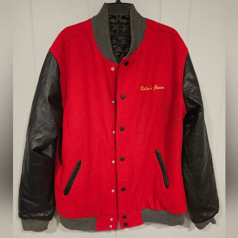Robins Jean Varsity Jacket Red/Black Men Size 2XL Wool Blend Leather Sleeves EUC